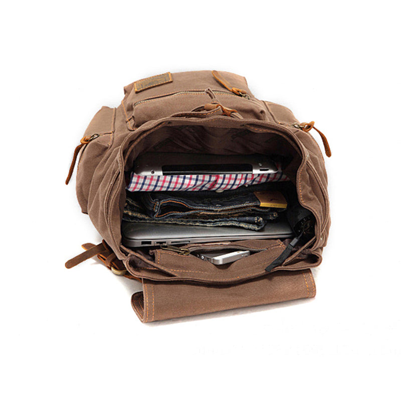 Brown backpack with items inside