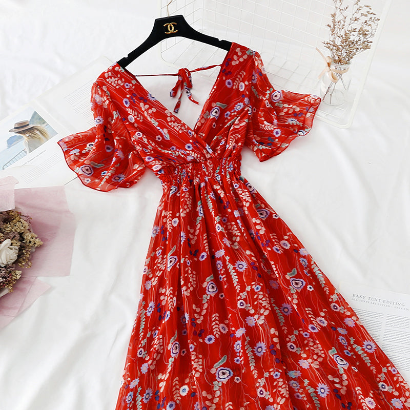 Retro V-Neck Chiffon Long Dress