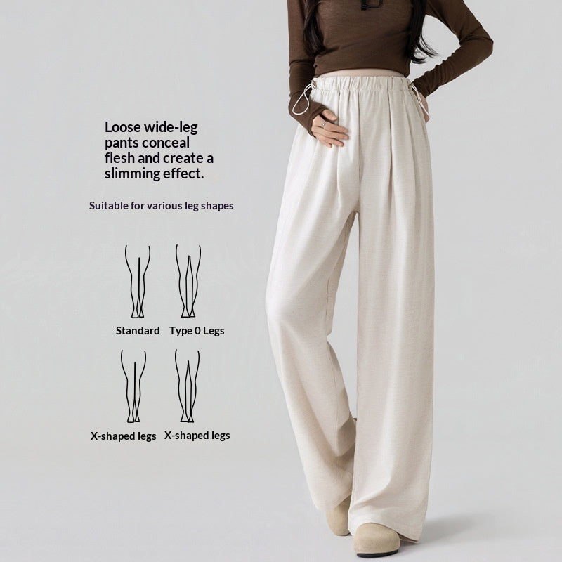 Woman wearing loose wide-leg pants with text explaining their effect on leg shapes.