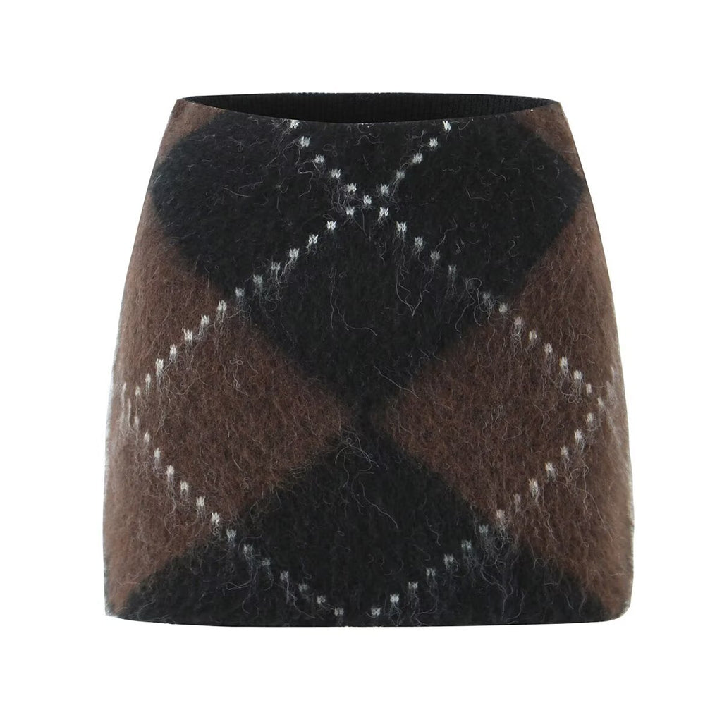 Woolen skirt with a checkered pattern in brown and black on a white background