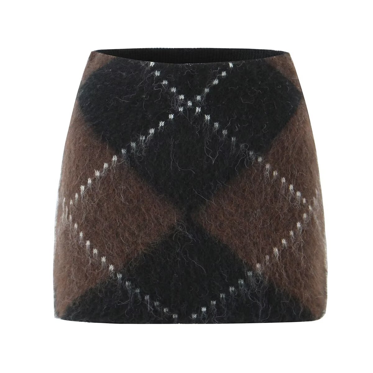 Woolen skirt with a checkered pattern in brown and black on a white background