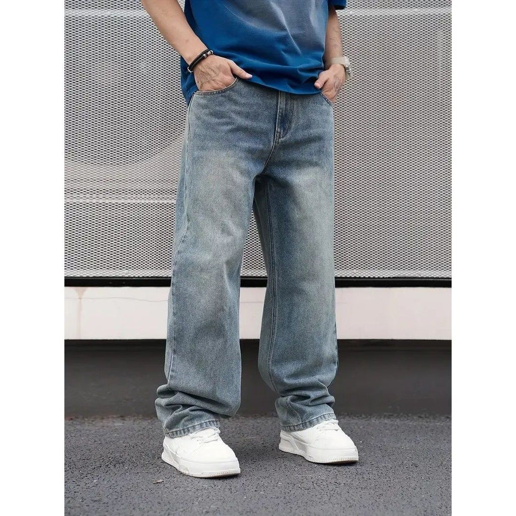 Men’s Casual Straight Wash Jeans Light Blue Loose Fit