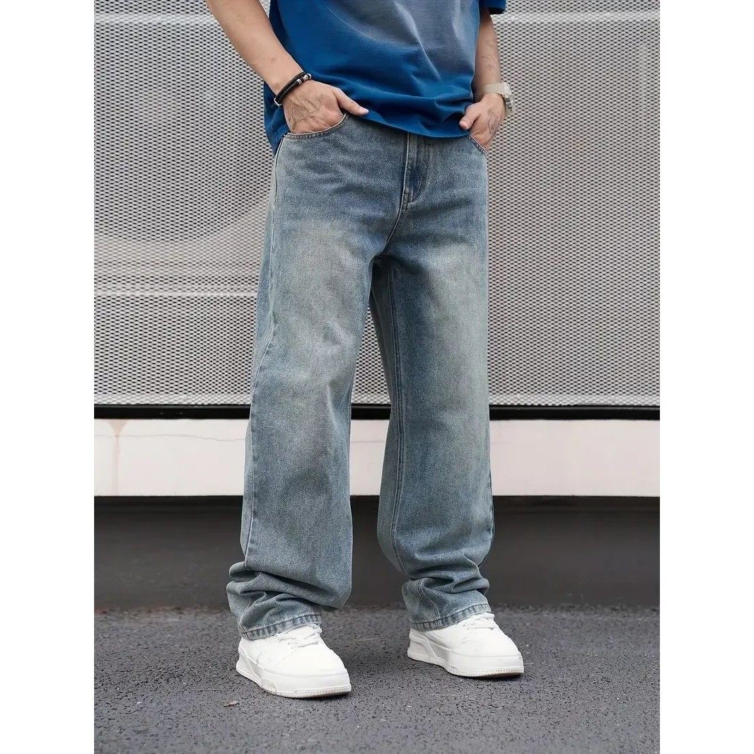 Men’s Casual Straight Wash Jeans Light Blue Loose Fit