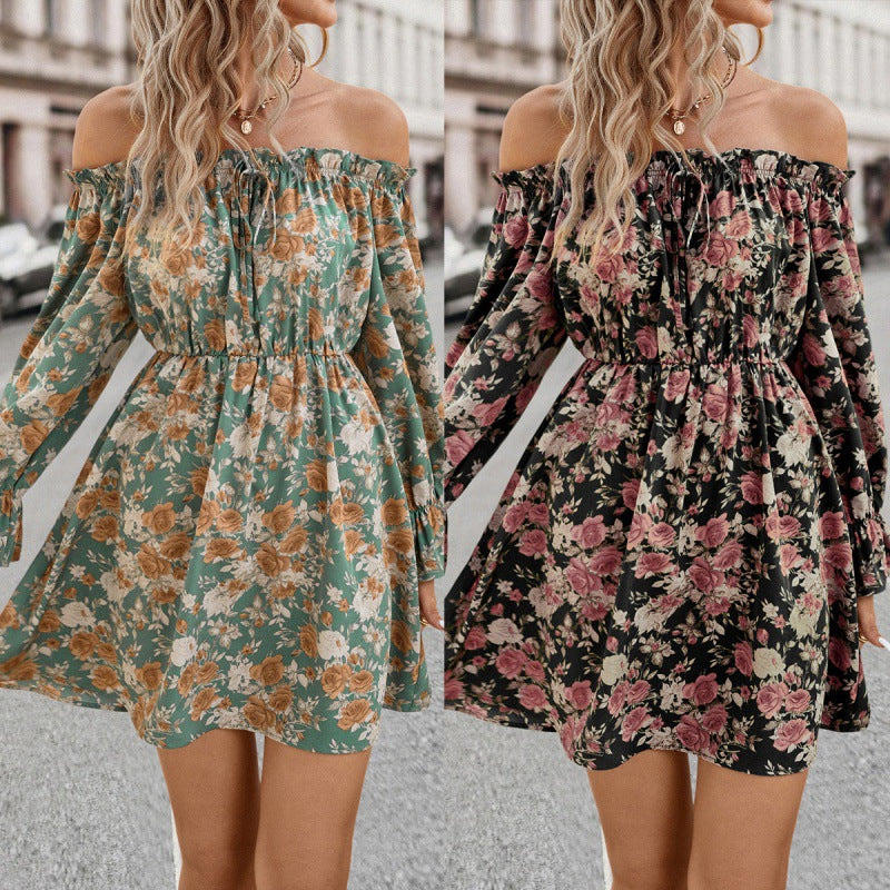 Two floral off-shoulder dresses shown side by side on a blurred street background.
