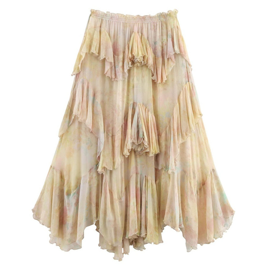 Long, tiered skirt with a pastel color palette on a white background
