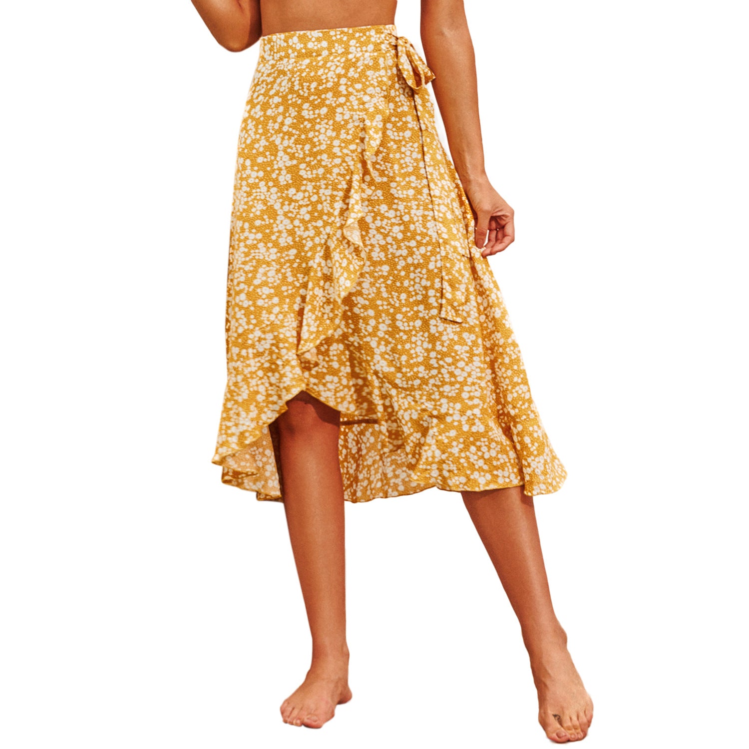Retro Holiday Irregular Floral Wave Side Lace-Up Long Skirt