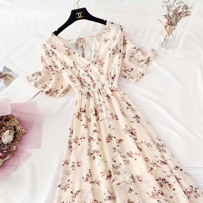 Retro V-Neck Chiffon Long Dress