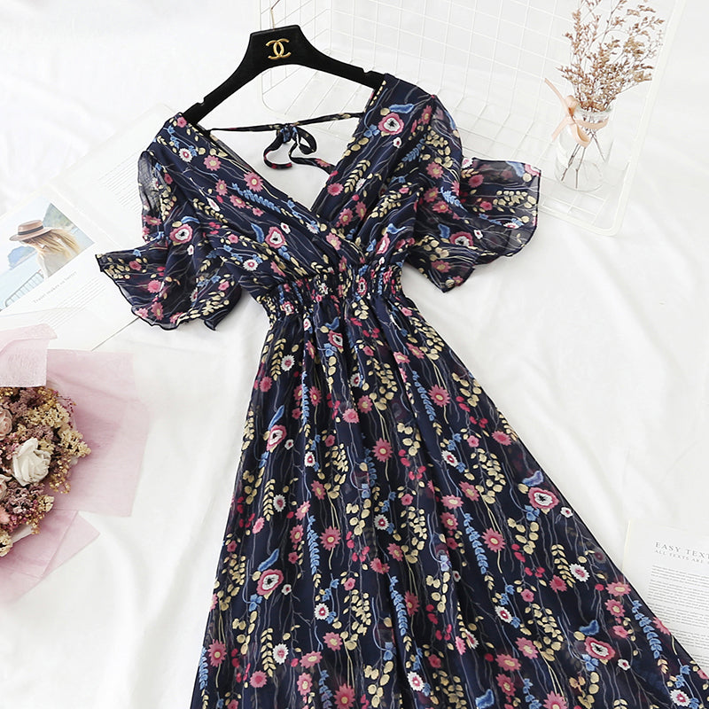 Retro V-Neck Chiffon Long Dress