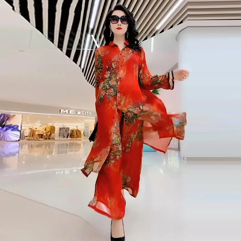 Floral Silk Stand Collar Commuter Suit