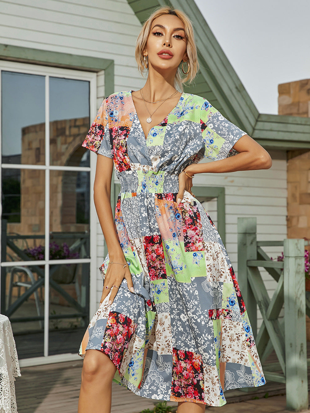 Small Floral Print Satin V-Neck Dress