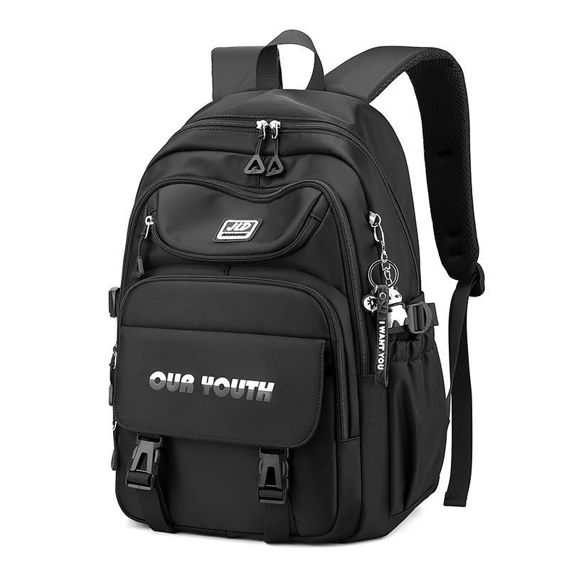 Black backpack with 'Our Youth' branding on a white background
