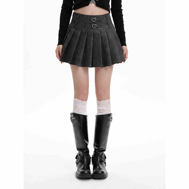 Gray PU Leather High Waist Pleated A-Line Skirt for Women