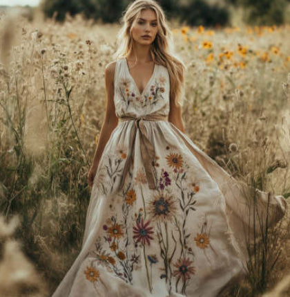 Woman in a floral dress standing in a field of wildflowers