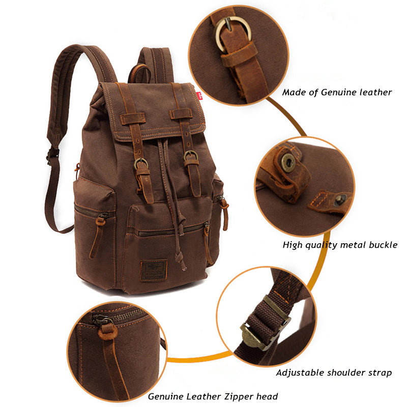 Brown leather backpack with close-up details