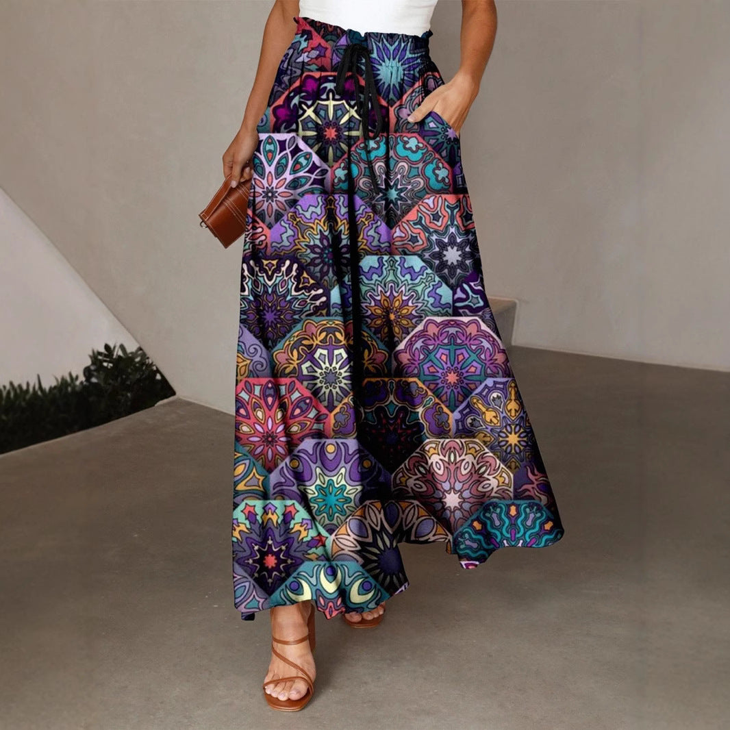 Women's Bohemian Floral A-Line Maxi Skirt High Waist Summer Beach Long Skirt