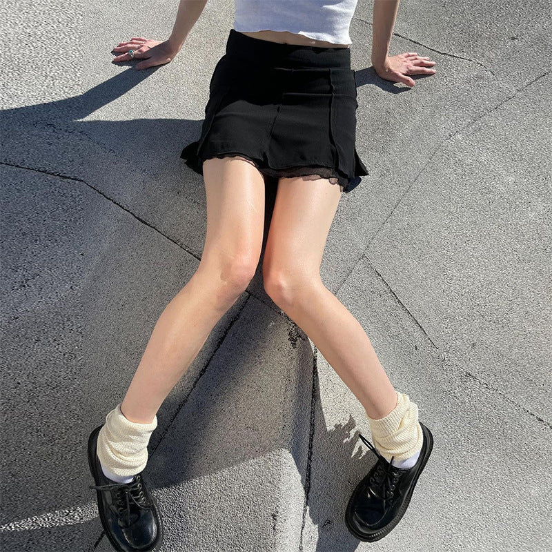 Low Waist Slit Stitching Mesh Gauze Double Elastic Skirt for Women