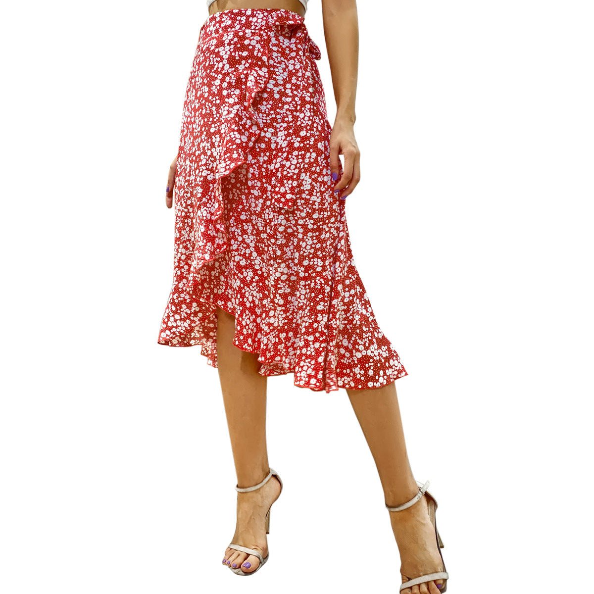 Retro Holiday Irregular Floral Wave Side Lace-Up Long Skirt