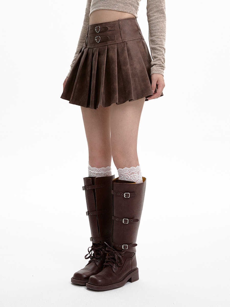 Gray PU Leather High Waist Pleated A-Line Skirt for Women