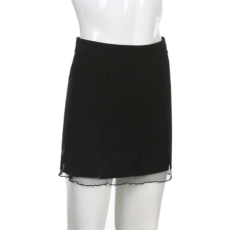 Low Waist Slit Stitching Mesh Gauze Double Elastic Skirt for Women